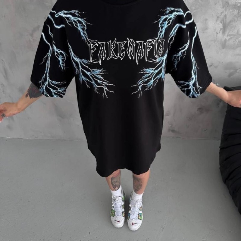 Kadın Bisiklet Yaka Yıldırım Baskılı  Kısa kol Oversize T-Shirt - Siyah